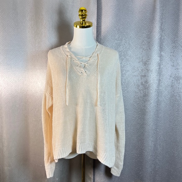 J Crew Lace Up V Neck Knit Sweater Cream Beige Size L - Picture 4 of 11